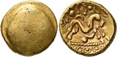 Greek CELTIC, Northeast Gaul. Ambiani. Circa 60-50 BC. Stater (Gold, 17 mm, 6.12 g). Blank convex surface. Rev. Celticized horse galloping to right, horseman transformed into a fibula-like figure, cre