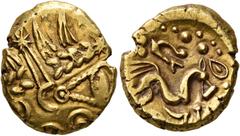 Greek CELTIC, Northeast Gaul. Suessiones. Early 1st century BC. Stater (Gold, 18 mm, 6.10 g, 12 h), 'à l'oeil' type. Devolved laureate head of Apollo to right; above, two stars. Rev. Celticized horse 