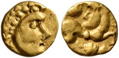 Greek CELTIC, Central Europe. Vindelici. Late 3rd or very early 2nd century BC. 1/24 Stater (Gold, 6 mm, 0.32 g, 6 h), 'Androkephales Pferd I' type. Male head to right, with long wavy hair. Rev. Man-h