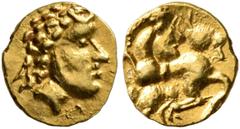 Greek CELTIC, Central Europe. Vindelici. Late 3rd or very early 2nd century BC. 1/24 Stater (Gold, 7 mm, 0.33 g, 12 h), 'Androkephales Pferd II' type. Male head to right, wearing diadem (?) and long w