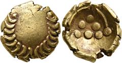 Greek CELTIC, Central Europe. Vindelici. 1st century BC. Stater (Gold, 17 mm, 7.23 g, 12 h), 'Regenbogenschüsselchen', 'Leerer Blattkranz' type. Wreath formed of two branches with eight leaves going i