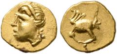 Greek CELTIC, Central Europe. Boii. 2nd century BC. 1/24 Stater (Gold, 6 mm, 0.36 g, 12 h). Male head to left, wearing torque (?). Rev. Bird standing left, wings spread and picking at its talons. Demb