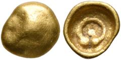 Greek CELTIC, Central Europe. Boii. 2nd century BC. 1/24 Stater (Gold, 6 mm, 0.23 g). Bulge with uncertain devices (facing head of an animal?). Rev. Torques with central pellet; all within round incus