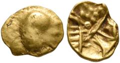 Greek CELTIC, Central Europe. Boii. 1st century BC. 1/24 Stater (Gold, 7 mm, 0.33 g), latest Athena-Alkis-series. Flat irregular bulge. Rev. Irregular design with dots and lines (reworked Athena-Alkis