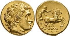 Greek KINGS OF MACEDON. Philip II, 359-336 BC. Stater (Gold, 18 mm, 8.68 g, 12 h), Kolophon, struck under Philip III by Menander or Kleitos, circa 322-319. Laureate head of Apollo to right, with the f
