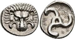 Greek DYNASTS OF LYCIA. Perikles, circa 380-360 BC. 1/3 Stater (Silver, 15 mm, 2.84 g). Facing lion's scalp. Rev. 𐊓𐊁-𐊕𐊆-𐊋𐊍𐊁 ('Perikle' in Lycian) Triskeles. BMC 155-7. Müseler VIII, 47-51. SNG 