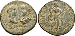 Roman Provincial PAMPHYLIA. Perge. Gallienus, with Salonina, 253-268. 10 Assaria (Bronze, 38 mm, 33.80 g, 12 h), 253-260. AY K ΠO ΛI ΓAΛΛIHNON / KOPNHΛIA CA/ΛΩNINA Draped bust of Salonina, on the left