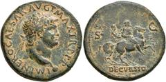 Roman Imperial Nero, AD 54-68. Sestertius (Orichalcum, 35 mm, 26.83 g, 7 h), Lugdunum, 67. IMP NERO CAESAR AVG P MAX TR P P P Laureate head of Nero to right, small globe at point of bust. Rev. DECVRSI