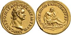 Roman Imperial Domitian, 81-96. Aureus (Gold, 20 mm, 7.61 g, 7 h), Rome, 87. IMP CAES DOMIT AVG•GER•M P M•TR•P•VI Laureate head of Domitian to right. Rev. IMP•XIIII COS XIII•CENS•P•P•P Germania, bare-