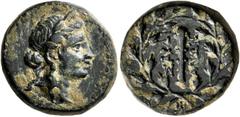Greek LYDIA. Sardes. Circa 133 BC-AD 14. Dichalkon (Bronze, 15 mm, 3.68 g, 12 h). Laureate head of Apollo to right. Rev. ΣAPΔIA/NΩN Club; all within wreath. BMC 18. SNG Copenhagen 470-482. Earthen dep