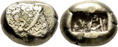 Greek KINGS OF LYDIA. Alyattes II, circa 610-560 BC. Trite (Electrum, 12 mm, 4.64 g), Sardes. Head of a roaring lion to left with sun and rays on its forehead; to left, 'walwel' (in Lydian). Rev. Two 