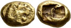 Greek KINGS OF LYDIA. Alyattes II, circa 610-560 BC. Hekte (Electrum, 10 mm, 2.36 g), Sardes. 'walwe' (in Lydian) Head of a lion with sun and rays on its forehead to right. Rev. Two incuse squares, on