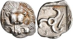 Greek DYNASTS OF LYCIA. Trbbenimi, circa 390-370 BC. Stater (Silver, 26 mm, 9.77 g). Facing lion's scalp. Rev. T-P-B Triskeles; to right, club; all within incuse square. Falghera -. Müseler VIII, 1-2.