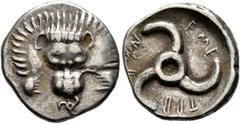 Greek DYNASTS OF LYCIA. Trbbenimi, circa 390-370 BC. 1/3 Stater (Silver, 17 mm, 3.09 g), Wedrei. Facing lion's scalp; below, triskeles. Rev. 𐊗𐊕𐊂-𐊂𐊙𐊏-𐊆𐊎𐊆 Triskeles. Müseler VIII, 12. SNG von A