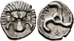 Greek DYNASTS OF LYCIA. Perikles, circa 380-360 BC. 1/3 Stater (Silver, 16 mm, 2.72 g, 4 h), Limyra. Facing lion's scalp. Rev. 𐊓𐊁𐊕-𐊆𐊋-𐊍𐊁 ('Perikle' in Lycian) Triskeles. BMC 157. Müseler VIII, 