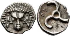 Greek DYNASTS OF LYCIA. Perikles, circa 380-360 BC. 1/3 Stater (Silver, 16 mm, 2.81 g, 2 h), Limyra. Facing lion's scalp. Rev. 𐊓𐊁-𐊕𐊆𐊋-𐊍𐊁 Triskeles. BMC 157 var., Müseler VIII, 47 var. and SNG v