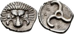 Greek DYNASTS OF LYCIA. Perikles, circa 380-360 BC. 1/3 Stater (Silver, 16 mm, 2.77 g, 3 h). Facing lion's scalp. Rev. 𐊓𐊁-𐊕𐊆𐊋-𐊍𐊁 Triskeles. BMC 157 var., Müseler VIII, 47 var. and SNG von Auloc