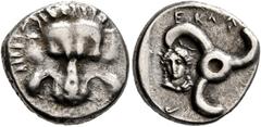 Greek DYNASTS OF LYCIA. Perikles, circa 380-360 BC. 1/3 Stater (Silver, 14 mm, 2.96 g, 12 h). Facing lion's scalp. Rev. 𐊓𐊁𐊕-𐊆-𐊋𐊍𐊁 ('Perikle' in Lycian) Triskeles; to left, draped bust of female