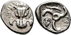 Greek DYNASTS OF LYCIA. Perikles, circa 380-360 BC. 1/3 Stater (Silver, 16 mm, 3.00 g, 9 h). Facing lion's scalp. Rev. 𐊓𐊁𐊕-𐊆-𐊋𐊍𐊁 ('Perikle' in Lycian) Triskeles; to left, draped bust of female 