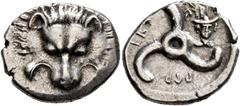Greek DYNASTS OF LYCIA. Perikles, circa 380-360 BC. 1/3 Stater (Silver, 16 mm, 2.90 g, 1 h). Facing lion's scalp. Rev. 𐊓𐊁𐊕-𐊆𐊋𐊍-𐊁 ('Perikle' in Lycian) Triskeles; to right, facing head of Hermes