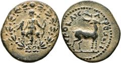 Roman Provincial LYDIA. Hierocaesaraea. Pseudo-autonomous issue . Hemiassarion (Bronze, 20 mm, 4.46 g, 1 h), time of Trajan to Hadrian, 98-138. Artemis standing facing, head to left, holding bow in he