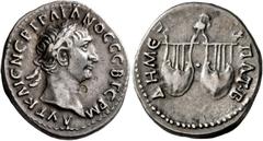 Roman Provincial LYCIA. Trajan, 98-117. Drachm (Silver, 20 mm, 3.53 g, 6 h), 98-99. AΥT KAIC NEΡ TΡAIANOC CEB ΓEΡM Laureate head of Trajan to right. Rev. ΔHM EΞ ΥΠAT B Two lyres; above, owl standing f