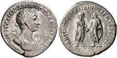 Roman Imperial Hadrian, 117-138. Denarius (Silver, 18 mm, 3.29 g, 7 h), Rome, 117. IMP CAES TRAIAN HADRIAN OPT AVG GER DAC Laureate, draped and cuirassed bust of Hadrian to right. Rev. PARTHIC DIVI TR