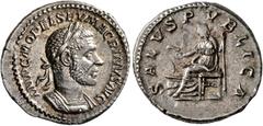 Roman Imperial Macrinus, 217-218. Denarius (Silver, 20 mm, 3.67 g, 6 h), Rome, spring-summer 217. IMP C M OPEL SEV MACRINVS AVG Laureate and cuirassed bust of Macrinus to right. Rev. SALVS PVBLICA Sal