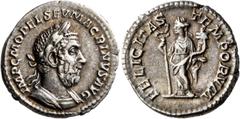 Roman Imperial Macrinus, 217-218. Denarius (Silver, 19 mm, 2.73 g, 6 h), Rome, summer 217-early 218. IMP C M OPEL SEV MACRINVS AVG Laureate, draped and cuirassed bust of Macrinus to right. Rev. FELICI