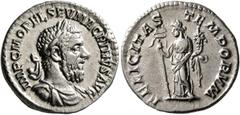 Roman Imperial Macrinus, 217-218. Denarius (Silver, 19 mm, 3.06 g, 6 h), Rome, summer 217-early 218. IMP C M OPEL SEV MACRINVS AVG Laureate, draped and cuirassed bust of Macrinus to right. Rev. FELICI