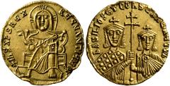 Byzantine Basil I the Macedonian, with Constantine, 867-886. Solidus (Gold, 19 mm, 4.34 g, 6 h), Constantinopolis. +IhS XPS RЄX RЄGNANTIЧM✱ Christ, nimbate, seated facing on throne, raising right hand