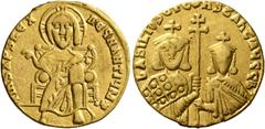 Byzantine Basil I the Macedonian, with Constantine, 867-886. Solidus (Gold, 19 mm, 4.33 g, 7 h), Constantinopolis, circa 871-886. IҺS XRS RЄX RЄGNANTIЧM✱ Christ, nimbate, seated facing, wearing chiton