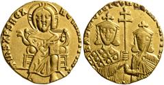 Byzantine Basil I the Macedonian, with Constantine, 867-886. Solidus (Gold, 18 mm, 3.77 g, 7 h), Constantinopolis, circa 871-886. IҺS XRS RЄX RЄGNANTIЧM✱ Christ, nimbate, seated facing, wearing chiton
