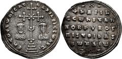 Byzantine Basil II Bulgaroktonos, with Constantine VIII, 976-1025. Miliaresion (Silver, 23 mm, 2.37 g, 6 h), Constantinopolis, 977-989. ЄҺ TOЧTω ҺICAT´ bASILЄI C CωҺST Cross crosslet with central X an