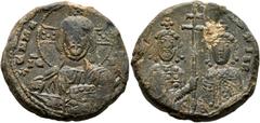 Byzantine Basil II Bulgaroktonos, with Constantine VIII, 976-1025. Seal (Lead, 27 mm, 22.12 g, 12 h). [+ЄΜΜΑ] - ΝΟЧΗΛ / IC - XC Bust of Christ Emmanuel facing, with cross-nimbus containing five pellet