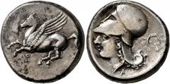 Greek CORINTHIA. Corinth. Circa 375-300 BC. Stater (Silver, 20 mm, 8.53 g, 2 h). Ϙ Pegasus flying left. Rev. Head of Athena to left, wearing Corinthian helmet; behind, wreath; below neck, A. BCD Corin