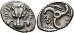 Greek DYNASTS OF LYCIA. Perikles, circa 380-360 BC. 1/3 Stater (Silver, 17 mm, 2.99 g, 12 h). Facing lion's scalp. Rev. 𐊓𐊁-𐊕𐊁𐊋𐊍𐊁 Triskeles; to left, draped bust of female facing slightly to lef