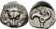Greek DYNASTS OF LYCIA. Perikles, circa 380-360 BC. 1/3 Stater (Silver, 17 mm, 3.07 g, 9 h). Facing lion's scalp. Rev. 𐊓𐊁𐊕-𐊆𐊋𐊍-𐊁 ('Perikle' in Lycian) Triskeles; above, head of Hermes wearing w