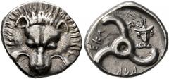 Greek DYNASTS OF LYCIA. Perikles, circa 380-360 BC. 1/3 Stater (Silver, 16 mm, 2.96 g, 6 h). Facing lion's scalp. Rev. 𐊓𐊁𐊕-𐊆𐊋𐊍-𐊁 ('Perikle' in Lycian) Triskeles; to right, facing head of Hermes