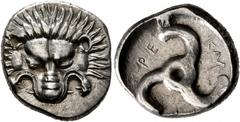 Greek DYNASTS OF LYCIA. Perikles, circa 380-360 BC. 1/3 Stater (Silver, 15 mm, 2.80 g). Facing lion's scalp. Rev. 𐊓𐊁-𐊕𐊆-𐊋𐊍𐊁 Triskeles. BMC 157. Müseler VIII, 47. SNG von Aulock 4254-4255. Die b