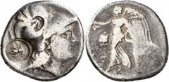Greek PAMPHYLIA. Side. Circa 205-100 BC. Tetradrachm (Silver, 28 mm, 14.81 g, 12 h), uncertain magistrate, circa 200-190. Head of Athena to right, wearing crested Corinthian helmet; on bowl, counterma