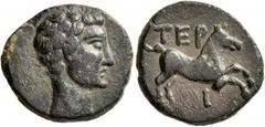 Roman Provincial LYCIA. Termessus Minor. Tiberius (?) , 14-37. Hemiassarion (Bronze, 18 mm, 3.67 g, 11 h). Bare head of Tiberius (?) to right. Rev. TEP - [O]I Horse galloping right. RPC I 3360. Good v