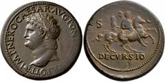 Roman Imperial Nero, 54-68. Sestertius (Orichalcum, 35 mm, 27.41 g, 7 h), Lugdunum, circa 66. IMP•NERO•CAESAR•AVG•PONT•MAX•TR•POT•P•P Laureate head of Nero to left, with globe at point of bust. Rev. D