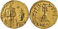 Byzantine Constans II, with Constantine IV, 641-668. Solidus (Gold, 20 mm, 4.42 g, 7 h), Constantinopolis, 654-659. δ N CONSTANTINЧS C CONSTI Crowned and draped bust of Constans facing, with long bear
