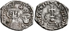 Byzantine Constans II, with Constantine IV, 641-668. Hexagram (Silver, 20 mm, 4.77 g, 6 h), Constantinopolis, 654-659. δ N CONSTANTINЧS C CONSTAN Crowned and draped bust of Constans facing, with long 