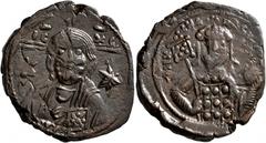 Byzantine Michael VII Ducas, 1071-1078. Follis (Bronze, 26 mm, 9.86 g, 7 h), Constantinopolis. Bust of Christ facing, bearded and with cross behind head, wearing tunic and himation, raising his right 