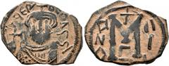 Early Medieval & Islamic ISLAMIC, Time of the Rashidun. Pseudo-Byzantine types. Circa AH 37-55 / AD 658-675. Fals (Bronze, 24 mm, 3.57 g, 6 h), imitating a follis of Constans II, uncertain mint, circa