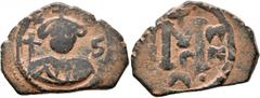 Early Medieval & Islamic ISLAMIC, Time of the Rashidun. Pseudo-Byzantine types. Fals (Bronze, 24 mm, 4.83 g, 12 h), imitating a follis of Constans II, uncertain mint, 24/5-26/7 AH / 645-647 AD. Draped