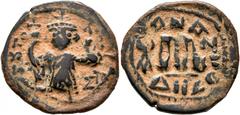 Early Medieval & Islamic ISLAMIC, Time of the Rashidun. Pseudo-Byzantine types. Fals (Bronze, 22 mm, 3.96 g, 7 h), imitating a EN T૪TO NIKA follis of Constans II, uncertain mint, circa 19-39 AH / 641-