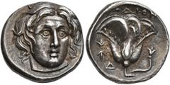 Greek ISLANDS OFF CARIA, Rhodos. Rhodes. Circa 305-275 BC. Didrachm (Silver, 19 mm, 6.94 g, 11 h). Head of Helios facing slightly to right. Rev. ΡΟΔΙΟΝ Rose with bud to right; to left, thunderbolt abo